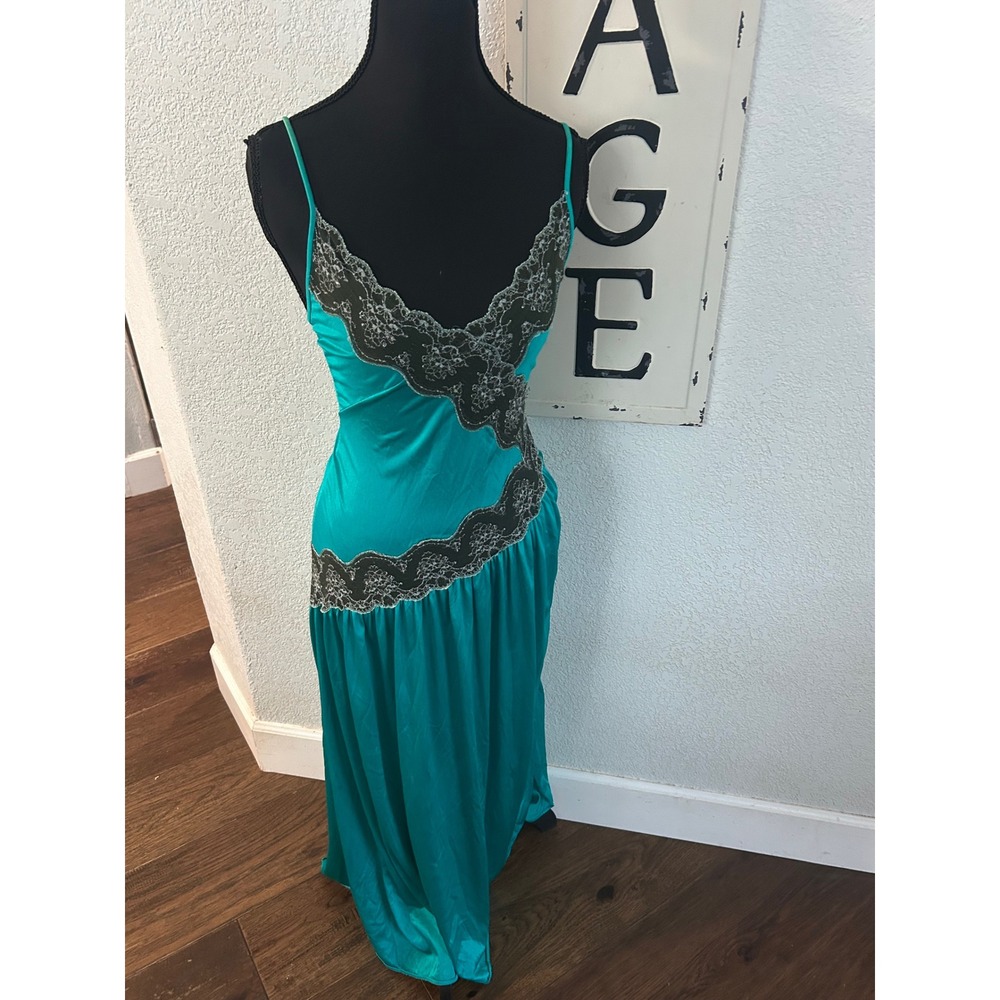 Vintage Teal Satin Lace Trim Nightgown Long Slip Dress Sleeveless Emerald L